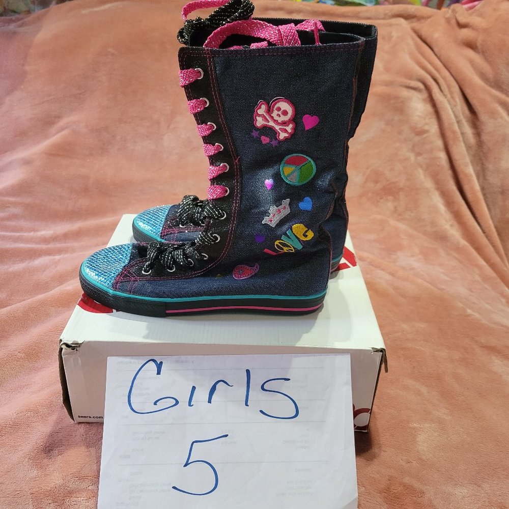 Girls Size 5 Bongo Blue Glitter Denim Peace & Love Knee High Tops Sneakers NWT